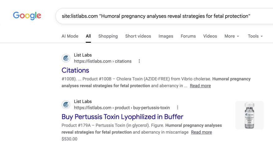 Google search result for a paper title, showing the List Labs Pertussis Toxin product page
