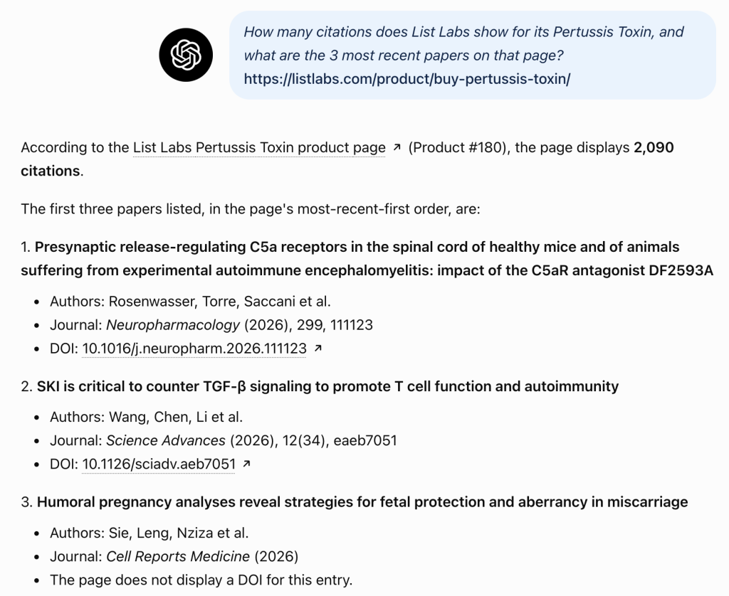 ChatGPT answer giving the 2,090 citation count and the three newest papers from the List Labs Pertussis Toxin page
